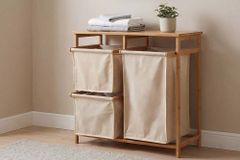 Massivholz Wäschekorb LAGOON SPA 70cm natur beige Bambus drei Wäschebeutel waschbar