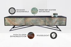 Massivholz TV Lowboard MOUNTAIN SOUL 200cm echter Naturstein Akazie schwarz hängend / stehend