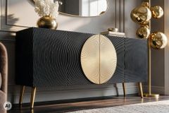 Massives Sideboard AURUM 180cm schwarz Mangoholz mit ikonischem Gold-Element