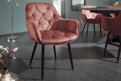 Design Stuhl MILANO rost braun Samt mit Armlehne Ziersteppung gepolstert schwarze Metallbeine