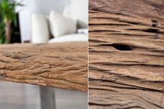 Eindrucksvoller Couchtisch BARRACUDA 110cm antik Teakholz mit Kufengestell und Glas