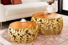 Rundes 2er Set Couchtische ABSTRACT LEAF 70cm natur gold Massivholz Akazie Metall Blatt-Design