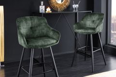 Design Barhocker EUPHORIA dunkelgrün Samt schwarze Metallbeine Barstuhl mit Lehne