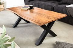 Massivholz Couchtisch MAMMUT 120cm Akazie Honey Finish X-Gestell schwarz 2,5cm Tischplatte