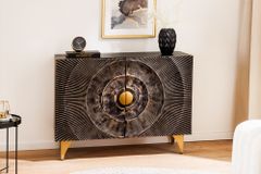 Massives Sideboard GOLDEN SUNSET 100cm schwarz Mangoholz 3D Schnitzerei gold Metall
