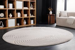 Runder 3D strukturierter Kurzflor Teppich ART DECO 230cm beige creme Hoch-Tief-Effekt