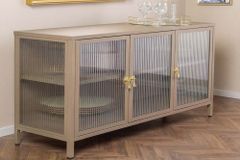 Modernes Sideboard AMSTERDAM 105cm greige gold Vitrine Schrank Riffelglas Metall