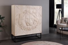 Massives Highboard LION 120cm creme Mangoholz schwarz Metall 3D Schnitzereien Kunstwerk