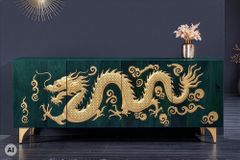 Massives Sideboard DRAGON 180cm türkis gold Mangoholz Metall 3D-Front handmade