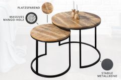 Industrial 2er Set Beistelltische ELEMENTS 60cm Mangoholz massiv rund schwarzes Metallgestell