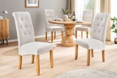 Design Stuhl CASA beige Leinen Massivholzbeine mit Zierknöpfen und Nackenrolle
