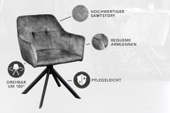 Design Stuhl LOFT dunkelgrau Samt drehbar Metallgestell schwarz mit Armlehne