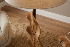 Massive Stehlampe LEAF 130cm weiß natur Teakholz Blatt-Design mit Stoffschirm