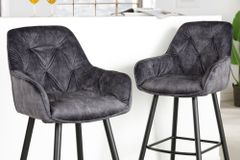 Design Barhocker MILANO grau Samt Barstuhl mit Lehne Metall schwarz Chesterfield-Steppung