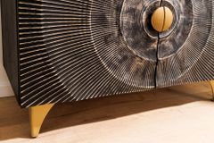 Massives Sideboard GOLDEN SUNSET 100cm schwarz Mangoholz 3D Schnitzerei gold Metall
