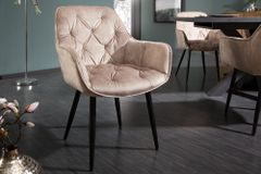 Design Stuhl MILANO champagner beige Samt mit Armlehne gepolstert schwarze Metallbeine