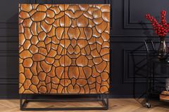 Massivholz Highboard VULCANO 120cm braun Mangoholz mit 3D Schnitzereien handmade Metallgestell schwarz