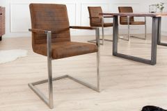 Industrial Freischwinger Stuhl LOFT vintage braun Microfaser mit Armlehne Edelstahl