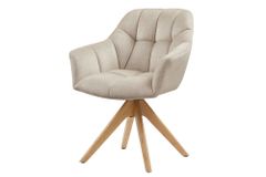 Drehbarer Design Stuhl PAPILLON beige Samt Eiche Massivholz mit Armlehnen