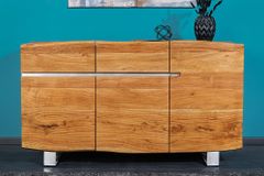 Massivholz Sideboard MAMMUT 135cm Akazie Kommode mit Schubladen Baumkante Edelstahl