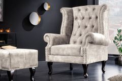 Design Ohrensessel CHESTERFIELD 105cm champagner beige Samt silber Ziernieten