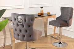Höhenverstellbarer Barhocker CASTLE DELUXE grau Samt silber Edelstahl Löwenkopf