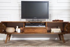 Massives TV-Board MYSTIC LIVING 140cm braun Sheesham Massivholz stone finish 3D -Front