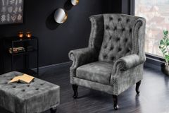 Design Ohrensessel CHESTERFIELD 105cm grau Samt silber Nieten