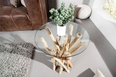 Design Beistelltisch DRIFTWOOD 40cm Teakholz mit Glasplatte rund Couchtisch