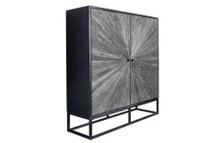 Massives Highboard BARRACUDA 120cm grau Mangoholz mit Teakholz-Front schwarz Metall