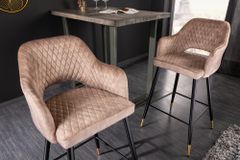 Design Barhocker PARIS greige Samt mit Lehne Metall schwarz gold Ziersteppung