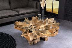 Runder Couchtisch ROOT 100cm natur Teak Massivholz aus Wurzelholz mit Glasplatte