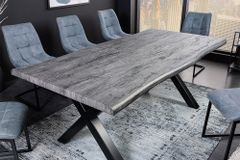 Industrial Esstisch WILD 200cm grau gekälkt Wildeiche-Design Baumkante schwarz X-Gestell