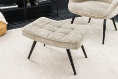 Moderner Hocker SCANDINAVIA champagner greige Bouclé schwarze Metallbeine Fußhocker