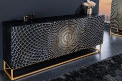 Design Sideboard ILLUSION 180cm schwarz Mangoholz Massivholz mit 3D Schnitzereien gold Eisen Metallgestell