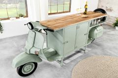 Extravaganter Barschrank SCOOTER 250cm salbei Retro-Konsole Motorroller mit Mangoholz Upcycling