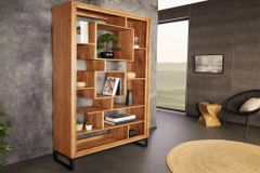 Massivholz Bücherregal CUBUS 190cm Akazie honey finish Metallfüße schwarz Standregal