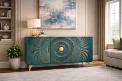 Handgearbeitetes Sideboard GOLDEN SUNSET 140cm türkis mit 3D Schnitzereien gold Mangoholz Metallbeine