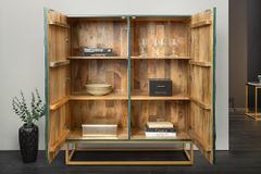Massives Highboard SCORPION 120cm türkis Mangoholz mit 3D Schnitzereien gold Metall