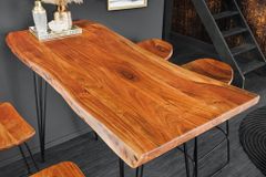 Massivholz Bartisch MAMMUT 140cm natur Akazie Baumkante Metall schwarz Hairpin Legs