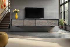 Massivholz TV-Lowboard MOUNTAIN SOUL 200cm Akazie grün bronze hängend Naturstein schwarz