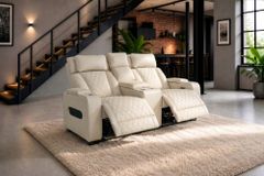 Elektrischer 2er Kinosessel HOLLYWOOD beige Kunstleder Relaxfunktion Getränkehalter