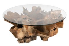 Runder Couchtisch ROOT 100cm natur Teak Massivholz aus Wurzelholz mit Glasplatte