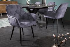 Design Stuhl MILANO grau Samt mit Armlehne Ziersteppung gepolstert schwarze Metallbeine