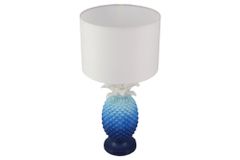 Handgefertigte Tischlampe PINEAPPLE 50cm blau weiß Ananas-Design mit Stoffschirm