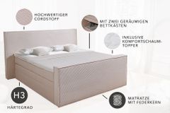 Design Boxspringbett SIGNUM 180x200cm beige Cord inkl. Topper Matratze und Stauraum