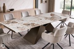 Design Esstisch DIAMOND 180-260cm weiß braun Pandora Keramik Metallgestell bronze