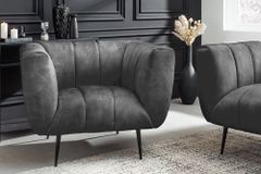 Retro Sessel NOBLESSE 105cm grau Samt schwarze Metallfüße Federkern Ziersteppung