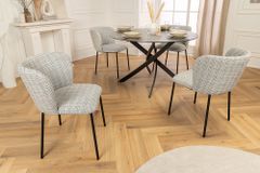 Design Stuhl LYON blau kariert Bouclé schwarze Metallbeine