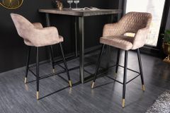 Design Barhocker PARIS greige Samt mit Lehne Metall schwarz gold Ziersteppung